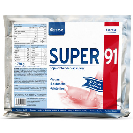 Multi-Food, Super 91, Soja Protein, Isolat, 750 g, Beutel, Erdbeere