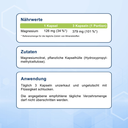 Nährwerte, Zutaten und Anwendung für Magnesium-Kapseln von Multi-Food